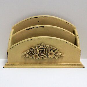 Yellow Shabby Chic 2 Slot Wooden Letter Card Holder With Flower Decoration